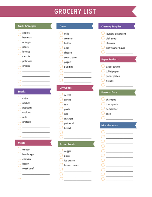 printable grocery shopping list